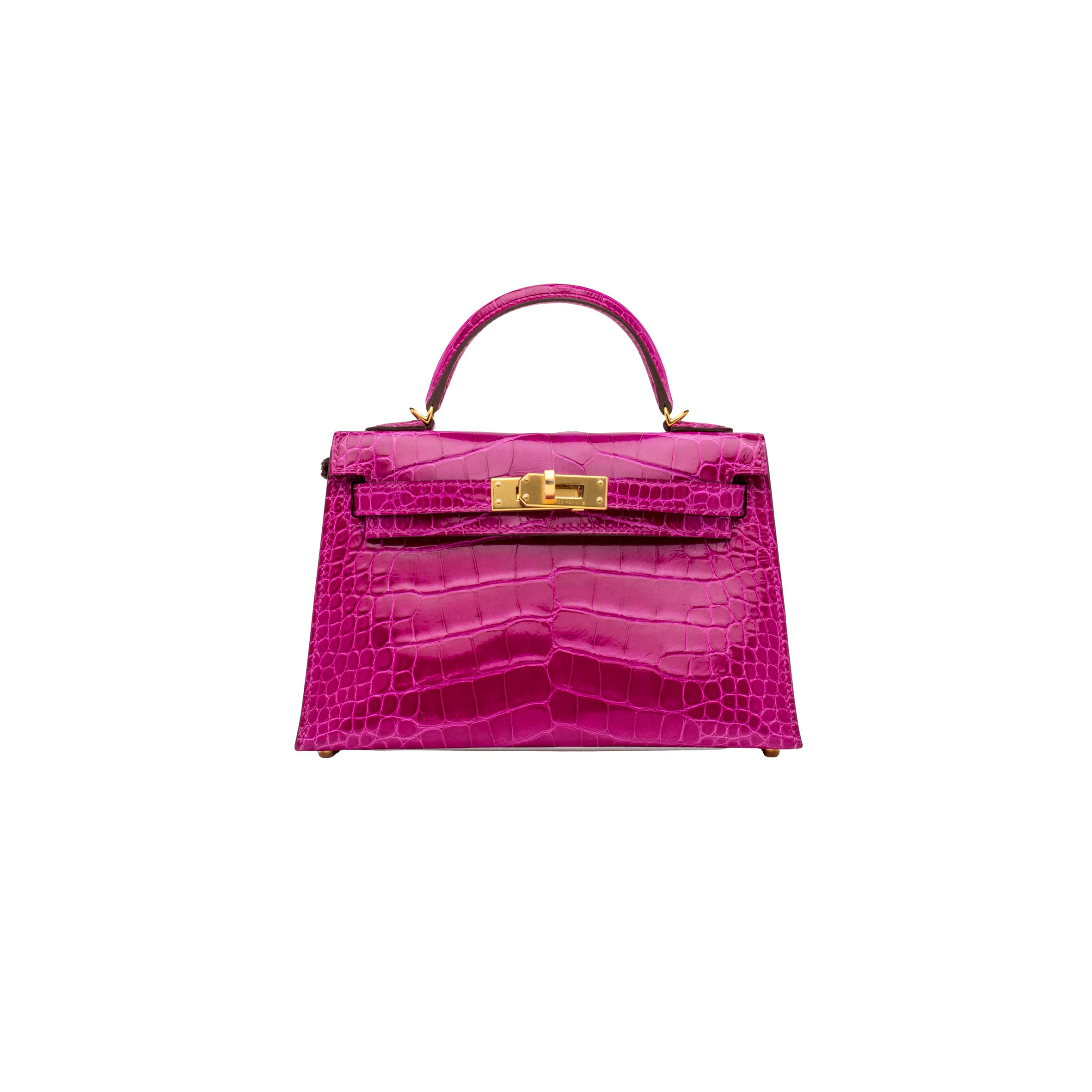 HERMÈS MASTER MINI KELLY II GLOSSY ALLIGATOR ROSE (19*12*5.5cm)
